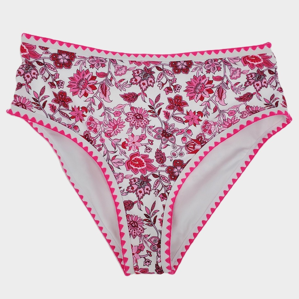 Shewin Womens XL‎ High Waist Bikini Bottom Floral Pink Red Whip Stitch Trim NWOT